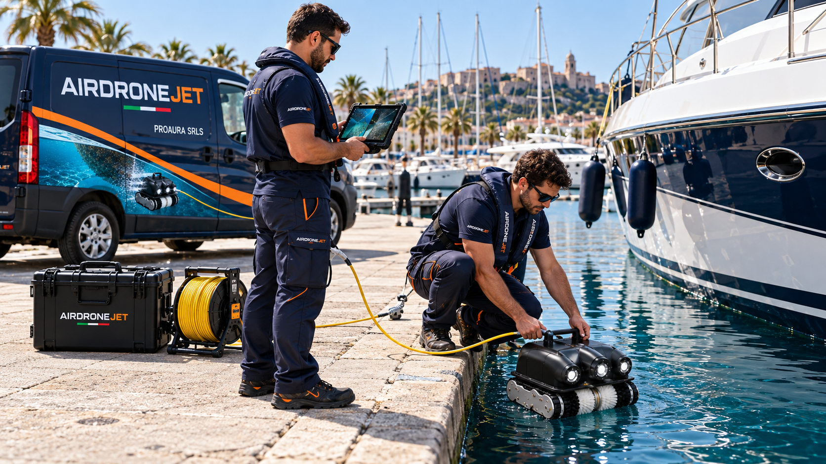 Il team AirDroneJet cala il robot in acqua accanto a uno yacht in banchina